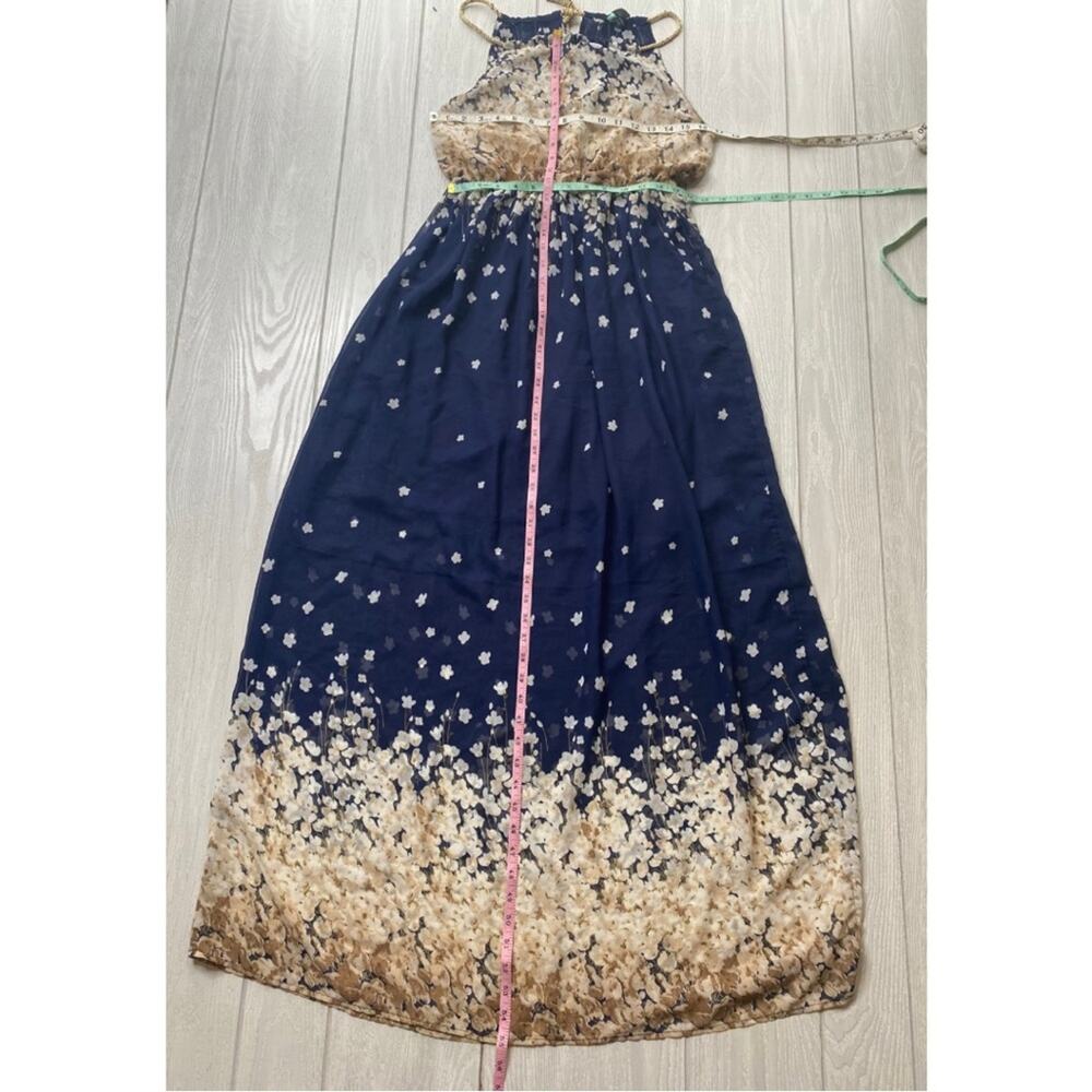 Hologram Navy Blue & Cream Floral Gold Braided Halter Maxi Dress Size Medium - Picture 4 of 10